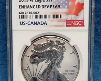 Lot 117. 2019 W Pride of Two Nations Silver Eagle graded as Enhanced Rev PF69 by NGC