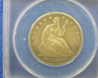 Lot 221. 1853 Half Dollar with Arrows and Rays around the Eagle slabbed and graded F12 by ANACS