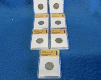 Lot 77. Seven SGS certified Buffalo nickels. See photos for dates