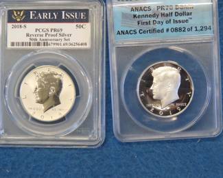 Lot 66. 2018 S Reverse Proof Silver Early Issue Half Dollar. 2019 S Kennedy First Day of Issue Half Dollar.