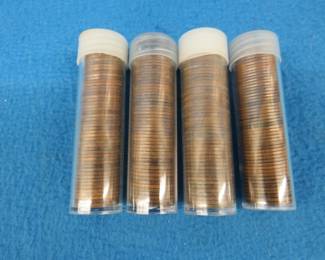 Lot 241. Four rolls of 50 Lincoln Pennies. Each roll contains all the same date as follows 1916 good, 1919 good to fine, 1919 S good, and 1932 good.