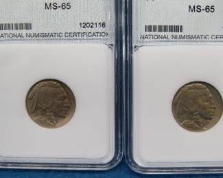 Lot 36. Two 1913 Type 1 Buffalo Nickels slabbed and graded by NNC as MS-65