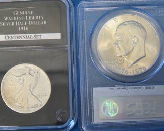 Lot 65. 1916 Slabbed Silver Walking Liberty Half Dollar 1976 S Slabbed Silver Eisenhower Dollar graded Gem Uncirculated by PCGS