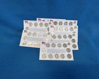 Lot 72. Seven cards with all 11 silver wartime nickels, 77 nickels total