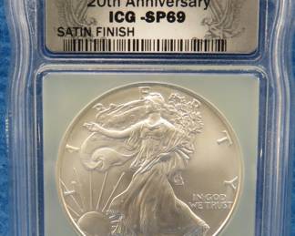 Lot 138. 2006 W 20th Anniversary Silver Eagle Satin Finish graded SP69 by ICG