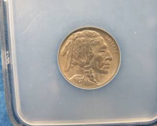 Lot 7. 1937 D 3-legs Buffalo Nickel graded AU Details by NCS