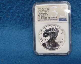 Lot 96. 2021 W Early Release Heraldic Eagle T1 Silver Eagle graded reverse PF 69 by NGC