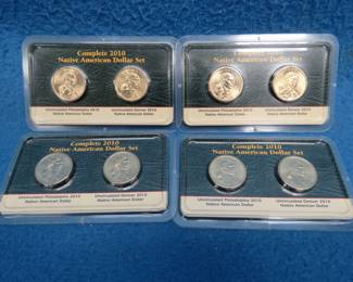 Lot 39. Four uncirculated "Complete 2010 Native American Dollar" Set (8 dollars total). 4 2010 D and 4 20120 P