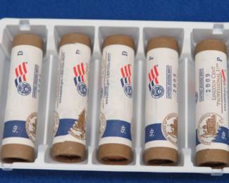Lot 273. Five U.S. Mint-rolled rolls of 2009 Lincoln Professional Life Anniversary Pennies three 2009 D and two 2009 P.