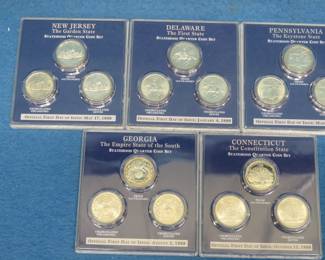 Lot 100. Twenty State Quarter cards each from a different state and each containing one quarter from 3 mints. 1999, 2000, 2001, and 2002.