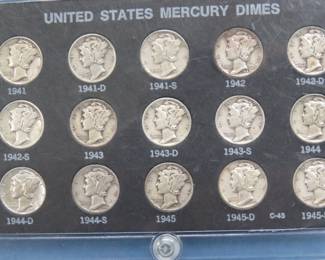 Lot 119. 15 Encased Mercury Dimes 1941 through 1945 with one dime from each mint for each year