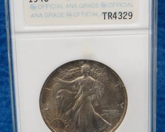 Lot 140. 1943 Walking Liberty half Dollar slabbed and graded MS 63 by ANA