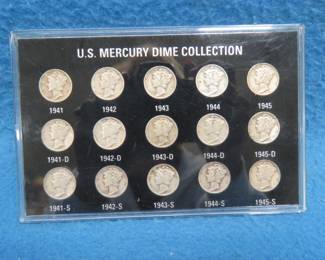 Lot 114. 15 Encased Mercury Dimes 1941 through 1945 with one dime from each mint for each year