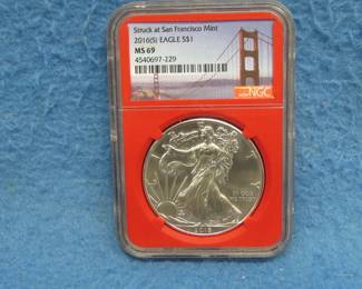 Lot 28. 2016 Silver Eagle graded MS 69 by NGC
