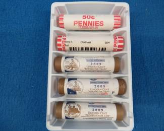 Lot 280. Five rolls of 2009 Lincoln Anniversary Pennies Three 2009 P and two 2009 D Two Birth, Two Formative Years, and one Professional Life