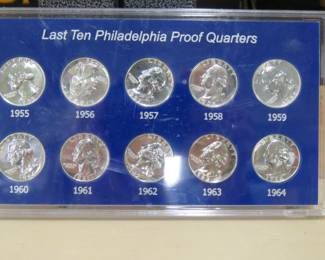 Lot 45. Encased "Last Ten Philadelphia Proof Quarters." One for each year from 1955 to 1964.