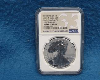 Lot 98. 2021 W Early Release Heraldic Eagle T2 Silver Eagle graded reverse PF 69 by NGC