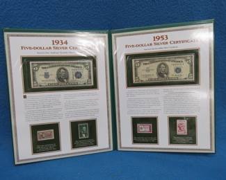 Lot 31. 1934 first small size $5 Silver Certificate and 1953 last $5 silver certificate displayed in an album from the Commemorative Postal Society