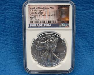 Lot 122. 2021 P Heraldic Eagle T1 Emergency production ER Silver Eagle graded MS 69 by NGC