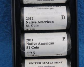 Lot 266. Two U.S. Mint-Rolled rolls of twenty-five 2012 P and two rolls of twenty-five 2012 D (100 total) Native American Dollar Coins