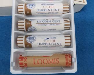 Lot 249. Five Mint-Rolled or Loomis-rolled uncirculated Lincoln Pennies