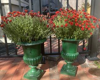 Green Ornate Planters With Burnt Orange Flowers