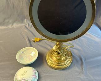 Vintage Brass Plug In Beauty Mirror, Limoges Trinket Dish
