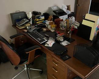 Office Desk, Leather chair and office supplies