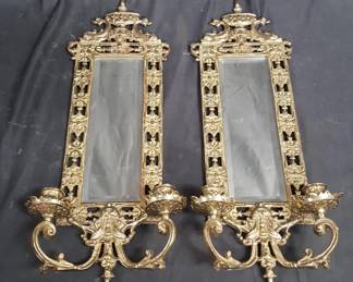 Lot # : 134 - Pair of antique ornate brass mirrored sconces
