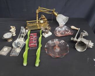 Lot # : 548 - Box of miscellaneous flatware, clock, figurine,
