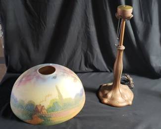 Lot # : 359 - Reverse-painted glass shade with spelter lamp
