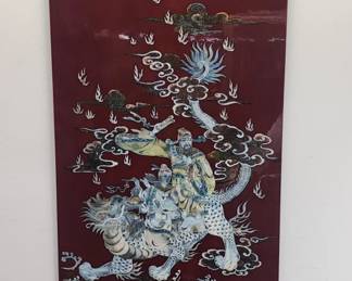 Lot # : 410 - Vintage Asian inlaid/lacquered wood foo dog panel
