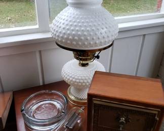 Vintage post office box, hobnail lamp, and large unused 371B/VT-166 vacuum tube