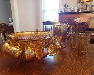 Northwood carnival glass punch bowl and cups