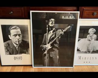 3 large framed prints - Marilyn Monroe, Buddy Holly, Humphrey Bogart