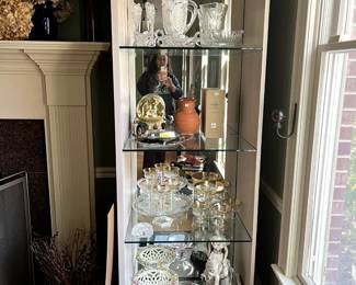 display cabinets for sale - 2 of them - filled with decor and vintage crystal