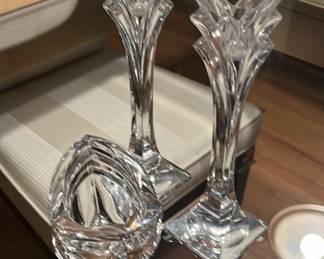 two 9 1/2 inch crystal candlesticks and small bowl