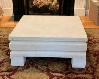 Large stone-looking plaster coffee table - 36 1/4 inch square, heavy, off-white.  Purchased at Chicago Design Center in 1989.