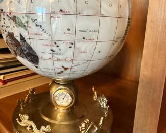 Desk Globe semi precious stones brass base with clock 14H x 9 round
