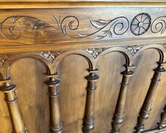 #63 - $700.00  - Belgian carved full size bed, head board 64H x 58W x 5D, foot board 41 1/2H x 58W x 5D (mattress included optional)