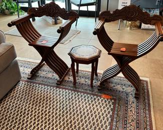 #108 - $ 200.00 each - Vintage Italian Savonarola Campaign chair, 3 available. 28H x 23W x 19D for two of them 28H x 23W x 25D for the larger one