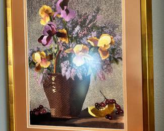 #5 - $150.00 -  Fabric picture basket of Irises and fruit 29 x 23