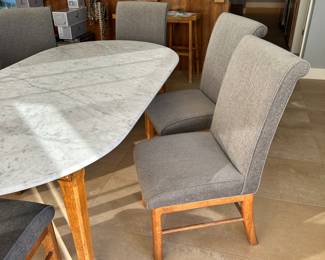 #2- $1,100.00  - Marble dinning table 31H x 79L x 42W with 6 grey fabric chairs 41H x 18W x 19D