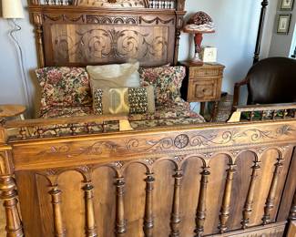 #63 - $700.00  -  Belgian carved full size bed, head board 64H x 58W x 5D, foot board 41 1/2H x 58W x 5D (mattress included optional)