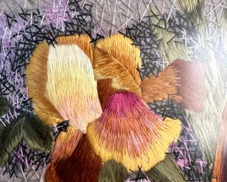 #5 - $150.00   -  Fabric picture basket of Irises and fruit 29 x 23