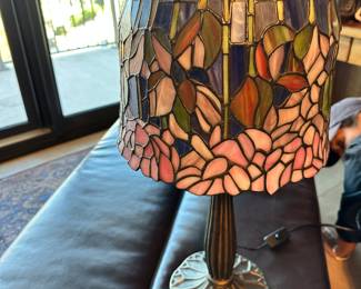#85 - $60.00  -  Stained glass lamp blue with pink flowers 26H x 11
