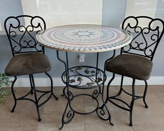 #11 - $300.00  - Made in Italy Mosaic High top table with cast Iron frame with 3 swivel stools 37H x 35 round, 41H x 24W