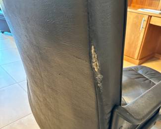 #39 - $60.00  -  Leather office chair with ottoman chair has a little damage 43H x 25W x 20D, ottoman 14H x 20W x 18D