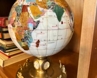 Desk Globe semi precious stones brass base with clock 14H x 9 round