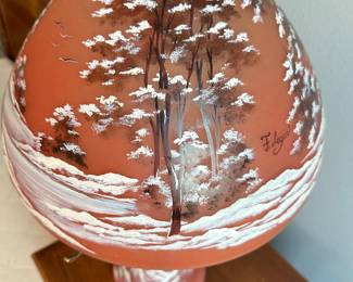 #46 - $140.00 - Cameo glass table lamp with winter scene 19H x 11W